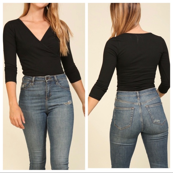 Black cotton spandex faux wrap bodysuit - Picture 3 of 3